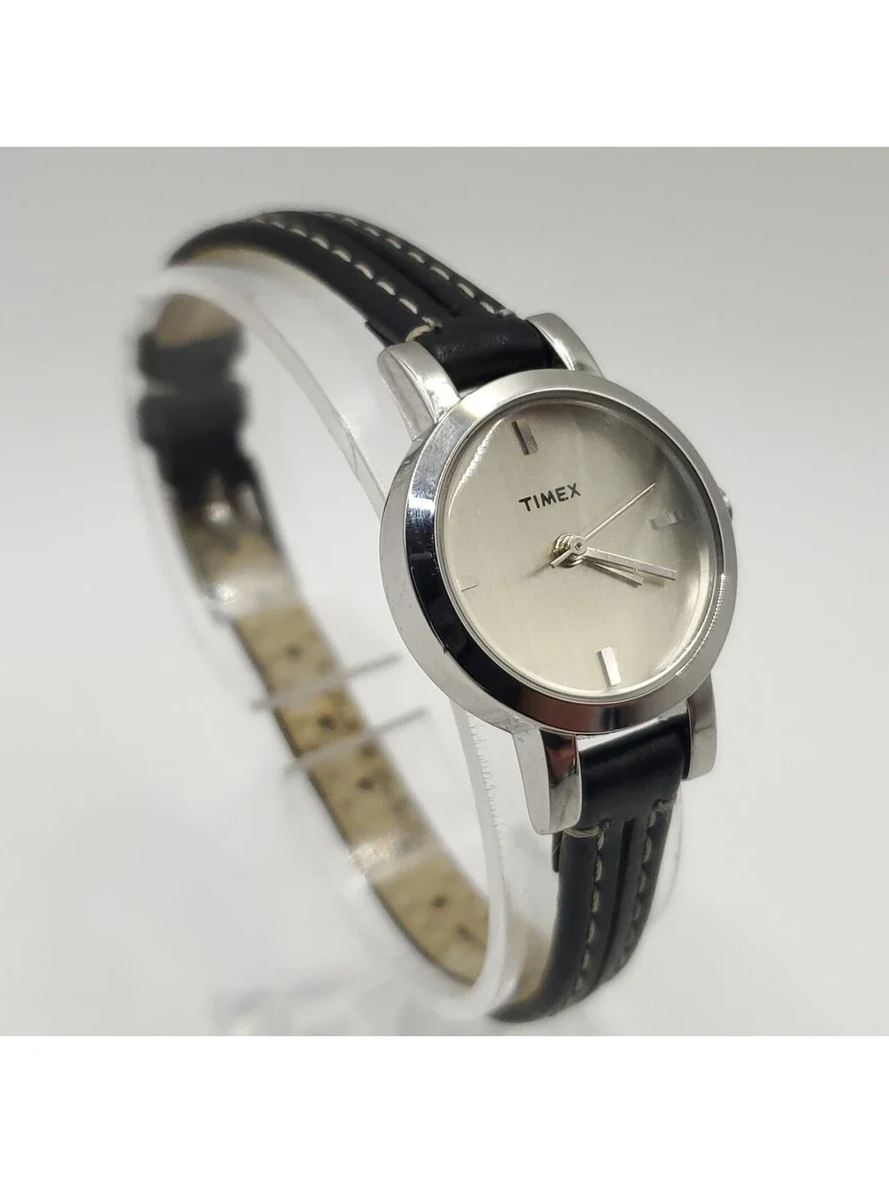 Timex Quartz Silver Tone Womens Watch 23mm Black Leather Band New Battery